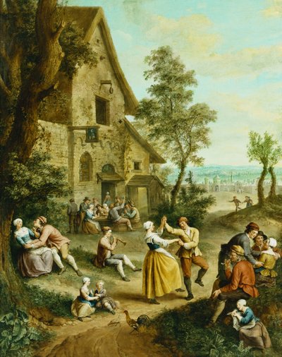 Camponeses dançando e alegres diante de uma taberna, uma cidade murada além, de Francois Louis Joseph Watteau