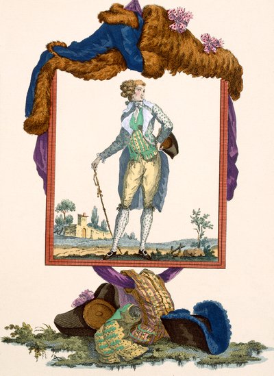 Jovem vestido com uma jaqueta de seda branca com colete pintado, gravada por Dupin, placa no.265 de &39;Galeries des Modes et Costumes Français&39;, c.1778-87 de Francois Louis Joseph Watteau