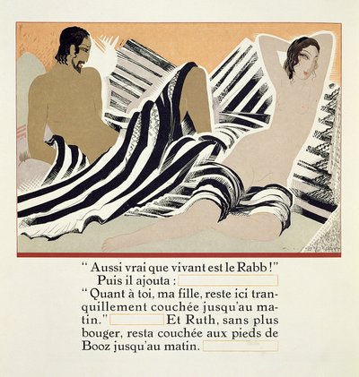 Ruth descansando aos pés de Boaz, de &39;Ruth et Booz&39;, traduzido por JC Mardrus, publicado em 1930 de Francois Louis Schmied