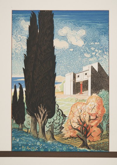 Templo com cipreste, de Prometeu acorrentado por Ésquilo, pub. 1941 (estêncil) de Francois Louis Schmied
