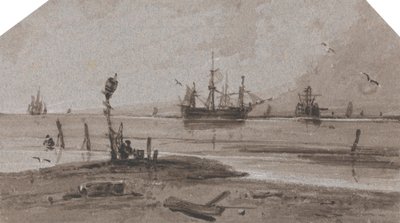 Navios Ancorados ao largo num mar calmo de Francois Louis Thomas Francia