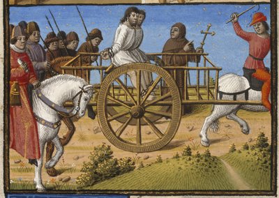 Harley 4375, f.140 Dois prisioneiros numa carroça a serem levados à execução, acompanhados por um padre, ilustração de 