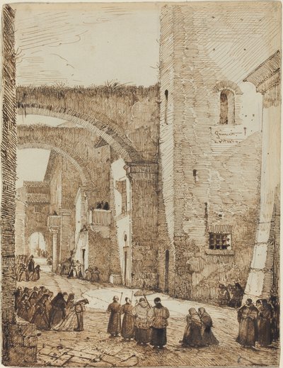 Um padre processando por uma rua medieval em Viterbo de Francois Marius Granet