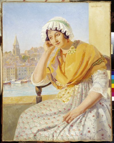 Madame Contencin no terraço quai de Rive-Neuve em Marselha. Pintura de François Marius Valere Bernard (1860-1936), Menção obrigatória: Fundação da coleção a respeito de Provence, Marselha. de Francois Marius Valere Bernard