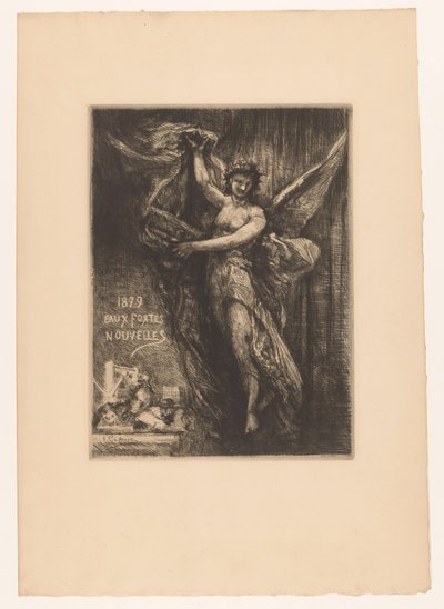 Titelprent met engel en drukpers
1879 Novas gravuras (título sobre o objecto) de Francois Nicolas Chifflart