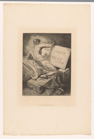 Impressão do título com homem no monumento de pedra Eaux Fortes Nouvelles (título no objeto) Gravuras de vários gravadores de 1877 (título da série) L