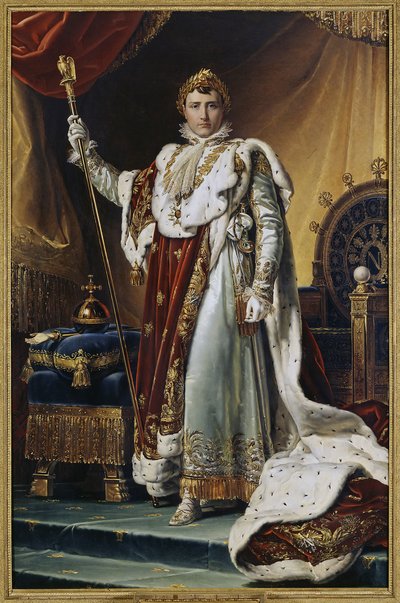 Retrato do imperador Napoleão I Bonaparte (1769-1821) em traje de coroação. (Retrato do imperador Napoleão I Bonaparte em suas vestes de coroação). Pintura de François Pascal Simon, barão Gerard (1770-1837), óleo sobre tela, por volta de 1804. Arte frances de Baron François Pascal Simon Gérard