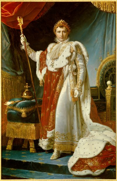 Retrato no pé de Napoleão I em traje sagrado (1769-1821) Imperador da Pintura Francesa de François Gerard (1770-1837). 1805. Dim. 2,23 x 1,43 m. Versalhes, musee du Chateau - Retrato a todo o comprimento de Napoleão I em vestes de Coroação (1769-1821) Impe de Baron François Pascal Simon Gérard