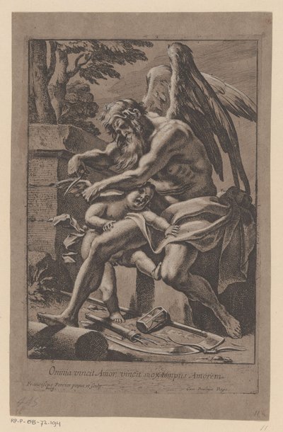 Tijd knipt de vleugels van Amor O amor conquista tudo, o amor logo conquista o tempo (título no objeto) de Francois Perrier