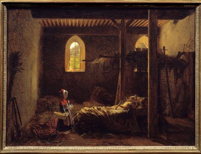 Capuchinho Vermelho Ilustração do conto de Charles Perrault, Capuchinho Vermelho em frente ao lobo disfarçado de avó. Pintura de François Richard Fleury (1777-1852) Sol do século XIX. 0,35x0,47 m . de Francois Richard Fleury