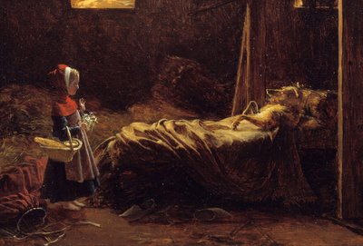 Chapeuzinho Vermelho, detalhe. Ilustração do conto de Charles Perrault, o capuchinho vermelho na frente do lobisomem disfarçado de avó. Pintura de François Richard Fleury (1777-1852) Sol do século XIX. 0,35x0,47 m . de Francois Richard Fleury