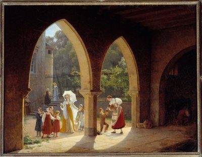 Madame Elisabeth da França (1764-1794), irmã de Luís XVI assistente na distribuição de leite em sua casa em Montreuil, perto de Versalhes Pintura de François Richard Fleury (1777-1852) Sol. 1,34x1,75m. Versailles, museu do castelo de Francois Richard Fleury