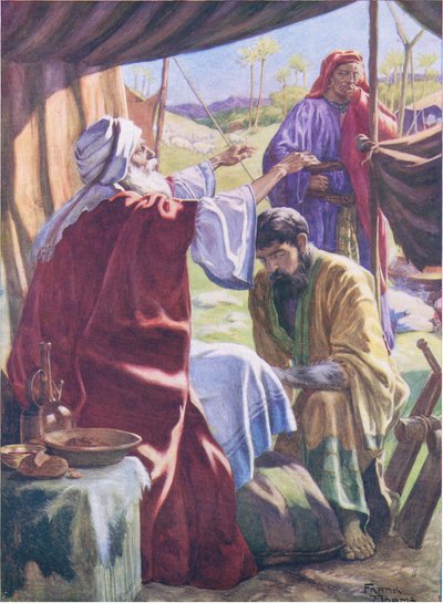 Jacob obtendo a bênção, de The Bible Picture Book publicado por Thomas Nelson, c.1950 (cor litho) de Frank Adams