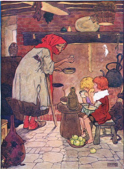 Ela os conduziu e deu-lhes um belo jantar, de Hansel e Gretel, publicado pela Blackie & Son Limited, c.1940 de Frank Adams