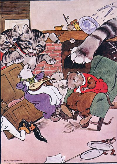A gata e seus gatinhos entraram em cena, ilustração de "The Frog would a Wooing Go", de Charles H. Bennett, 1916 de Frank Adams