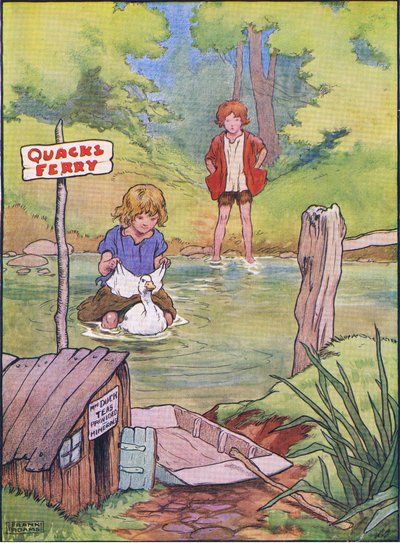 O pato levou-os mais de uma vez em suas costas, de Hansel e Gretel, publicado pela Blackie & Son Limited, c.1940 de Frank Adams