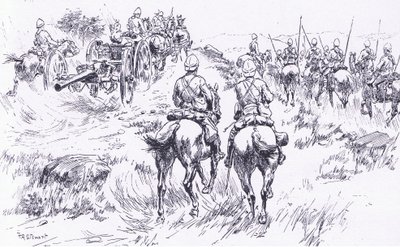Cavalaria de Bullers e artilharia avançando em Bergendal, ilustração deApós Pretória: A Guerra de Guerrilha, 1902 de Frank Algenon Stewart