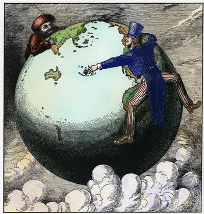 Grande Depressão: o Tio Sam e o adversário russo a lutar pelo globo, c.1875 (gravura) de Frank Bellew