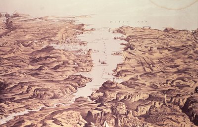 Vista panorâmica dos lados norte e sul do porto e porto de Sebastopol, projetado e litografado por Thomas Packer, pub. por Stannard e Dixon, 1855 de Frank C. Hughes