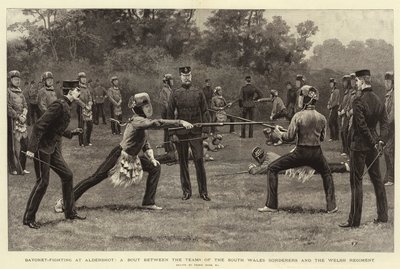 Combate à baioneta em Aldershot, uma luta entre as equipes das Fronteiras do Sul de Gales e o Regimento Galês de Frank Dadd