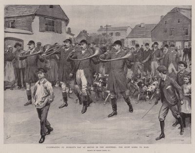 Celebrando o Dia de St. Hubert em Bievre nas Ardenas, a caçada vai à missa de Frank Dadd