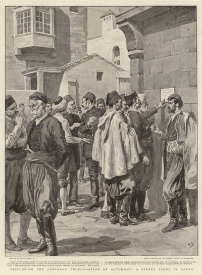 Discutindo a Proclamação de Autonomia do Almirante, uma cena de rua em Canea de Frank Dadd