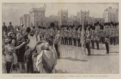 Sua Majestade, apresentando uma cor do Estado para os guardas escoceses no Castelo de Windsor, três elogios para a rainha de Frank Dadd
