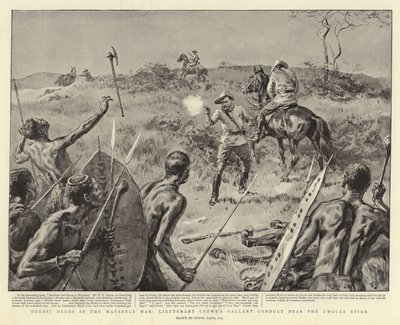 Ações heróicas na guerra de Matabele, conduta galante do Tenente Crewe perto do rio Umguza de Frank Dadd