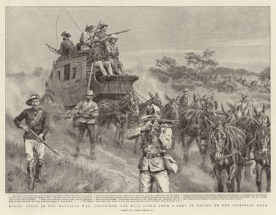 Ações heróicas na guerra de Matabele, defendendo o treinador de correio de um corpo de Kafirs na estrada de Salisbury de Frank Dadd