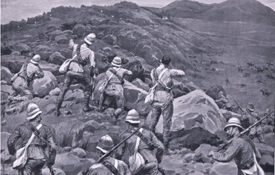 Perseguição da retaguarda de De Wet no Takesberg, de After Pretoria: The Guerilla War publicado pela Harmsworth Bros Limited de Frank Dadd