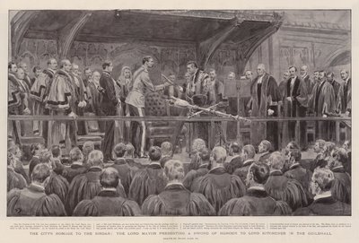 Homenagem da cidade ao Sirdar, o Lord Mayor apresentando uma espada de honra a Lord Kitchener no Guildhall de Frank Dadd