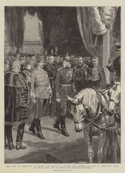 O duque de Connaught na Hungria, os imperadores da Áustria e da Alemanha e o duque de Connaught prestes a partir de armas para testemunhar as manobras militares de Frank Dadd