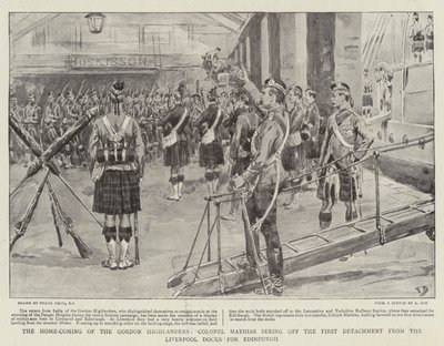A vinda em casa dos Highlanders de Gordon, coronel Mathias que vê fora do primeiro destacamento das docas de Liverpool para Edimburgo de Frank Dadd