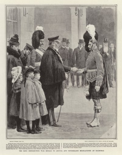 O rei distribuindo medalhas de guerra para Argyll e Sutherland Highlanders em Balmoral de Frank Dadd