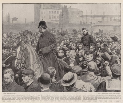 O retorno dos heróis de Colenso a Portsmouth, o corneteiro Dunn carregou o ombro alto pelas ruas de Frank Dadd