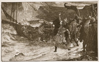 O Funeral de um Viking, ilustração de "A Igreja da Inglaterra: Uma História para o Povo" por HDM Spence-Jones, pub. c.1910 (foto sépia) de Frank Dicksee