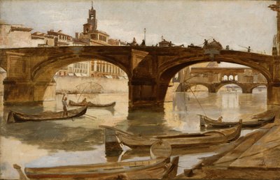 As pontes: Florença, c.1880 (óleo sobre tela montado em cartão laminado) de Frank Duveneck