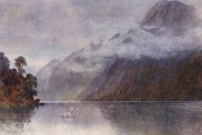 Nova Zelândia: Em Milford Sound (litografia a cores) de Frank H Wright