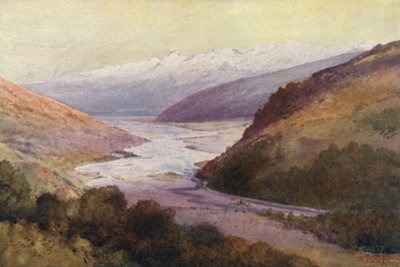 Nova Zelândia: O vale de Rees e a cordilheira de Richardson (litografia a cores) de Frank H Wright