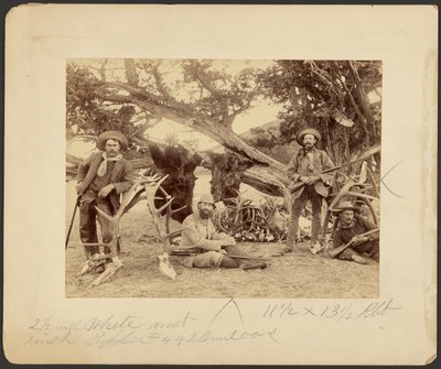 Festa de Lispenard Stewart, #6 - 5th Ave., N.Y. com troféus junto a um velho cedro, Mammoth Hot Springs, Parque Nacional de Yellowstone de Frank Jay Haynes