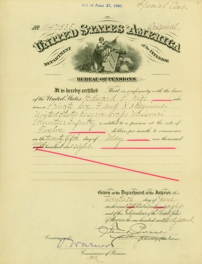 Aviso de direito de pensão a Edward Parker Rice, 20 de Junho de 1908 de Frank Pierce