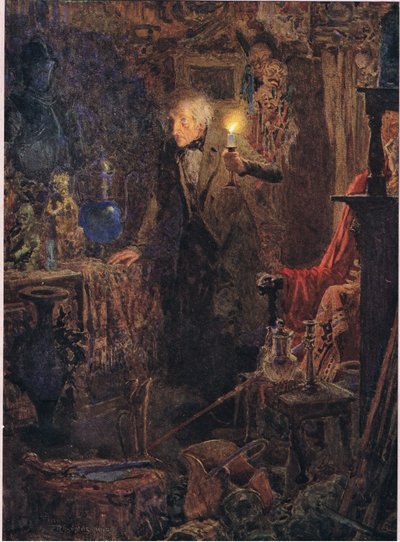 Era um velhinho, com longos cabelos brancos, cujo rosto e figura, enquanto segurava a luz acima da cabeça e olhava diante de si, c.1920 (litografia a cores) de Frank Reynolds