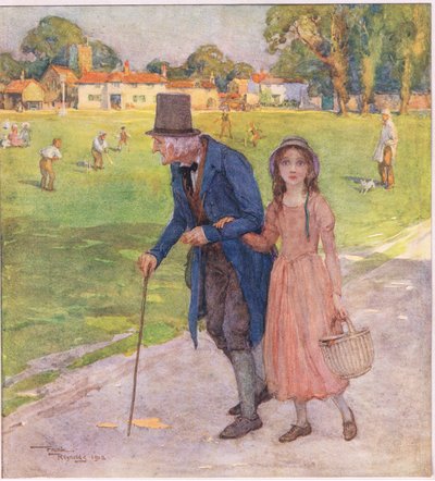 Era um sítio muito pequeno. Os homens e os rapazes estavam a jogar críquete no campo, c.1920 (litografia a cores) de Frank Reynolds