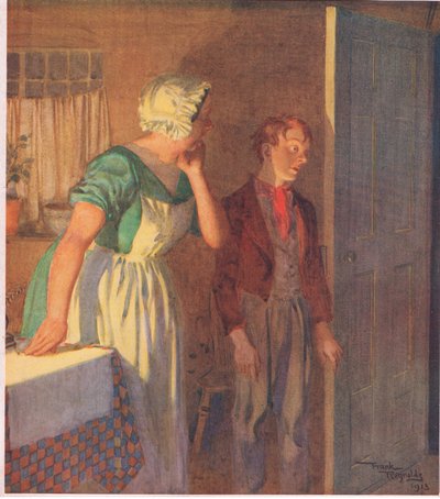 A criança correu para a porta e desapareceu tão rapidamente como tinha chegado, c.1920 (litografia a cores) de Frank Reynolds