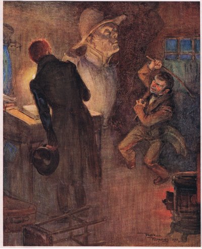 O anão atirou ao chão o jornal de onde tinha estado a entoar as palavras já citadas e agarrou numa barra de ferro enferrujada, c.1920 (litografia a cores) de Frank Reynolds