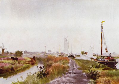 Norfolk Broads: Abaixo de Potter Heigham (cor litho) de Frank Southgate