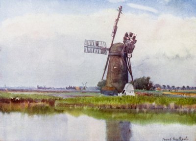 Norfolk Broads: Moinho País acima de Stokesby (cor litho) de Frank Southgate