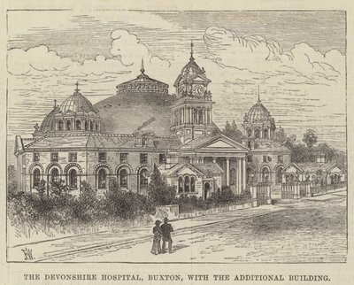O Hospital Devonshire, Buxton, com o prédio adicional de Frank Watkins