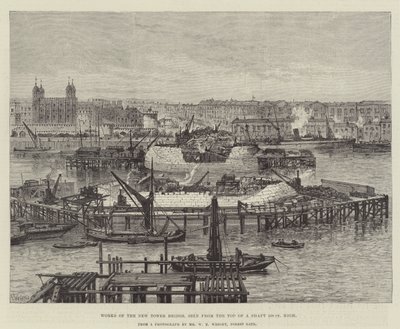 Obras da New Tower Bridge, vista do topo de um eixo de 100 pés de altura de Frank Watkins
