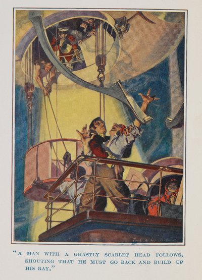 "Um homem com uma cabeça medonha segue, gritando que ele deve voltar e construir seu raio" de Frank Xavier Leyendecker